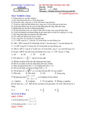 Đề thi thử học kì II môn Toán Lớp 9 - Đề số 1 - Năm học 2019-2020 - Sở giáo dục và đào tạo Long An